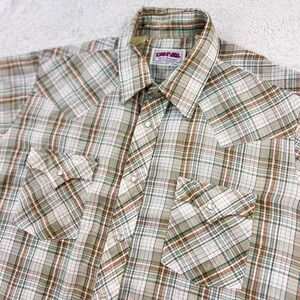Vintage Denver Westerns Shirt Men's 2XL Gold Tan Plaid Extra Long‎ Tail Snap USA